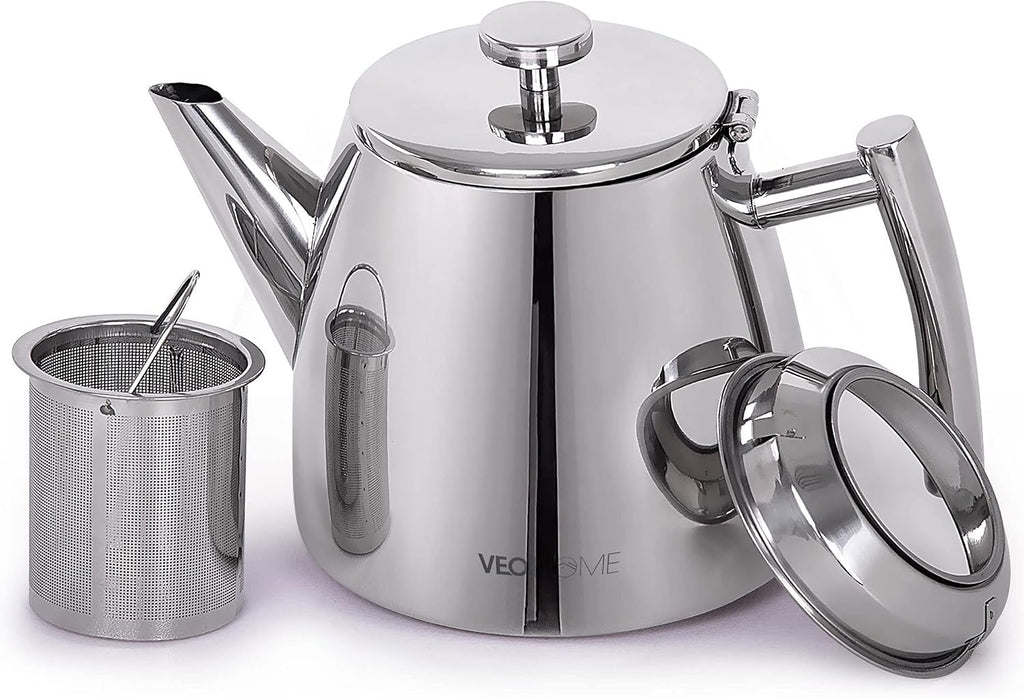 VeoHome Stainless Steel Tea Pot with Infuser - Keeps Heat Thanks to its Double Wall, Silver (1 Liter (34 oz))…