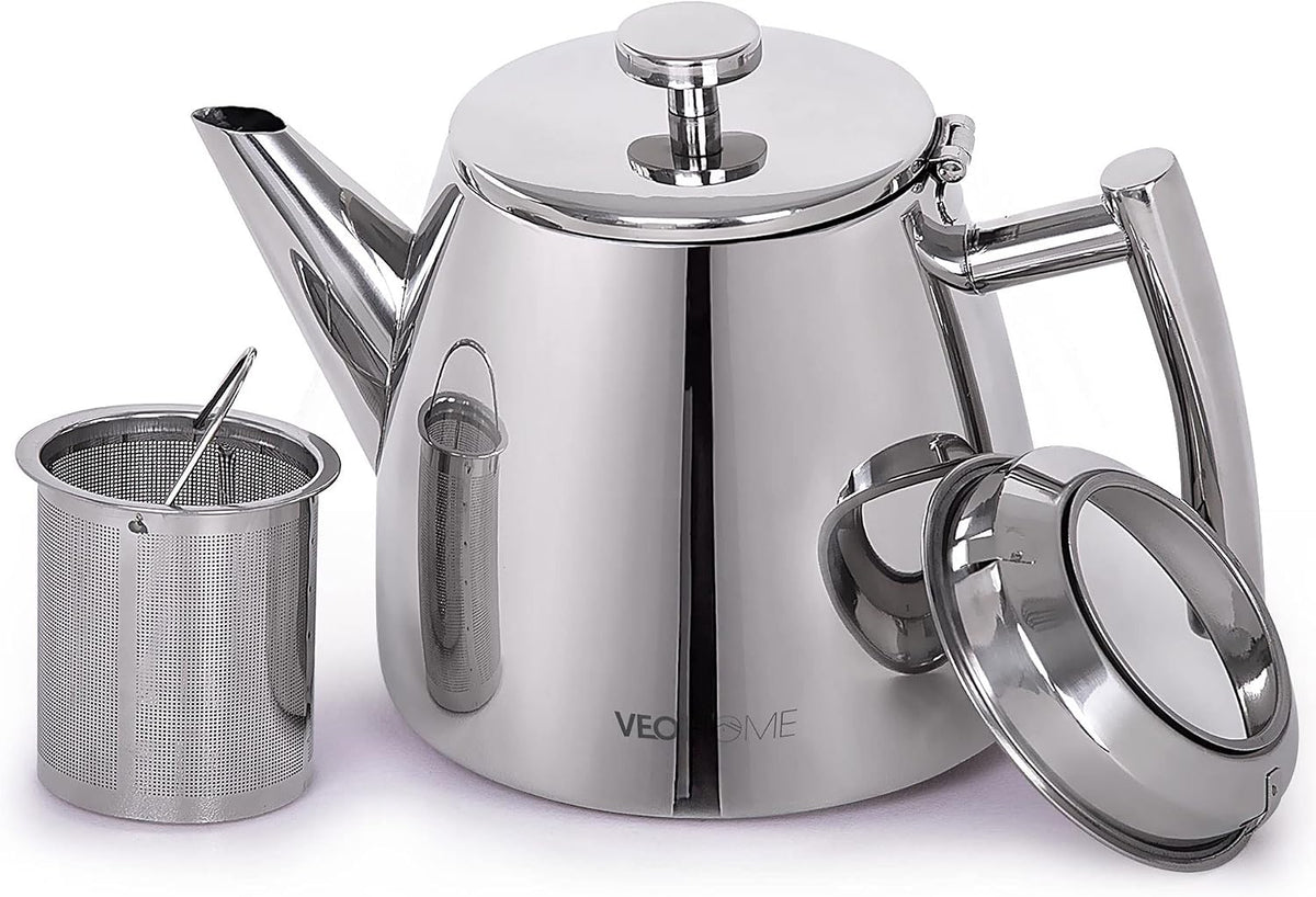 VeoHome Stainless Steel Tea Pot with Infuser - Keeps Heat Thanks to its Double Wall, Silver (1 Liter (34 oz))…