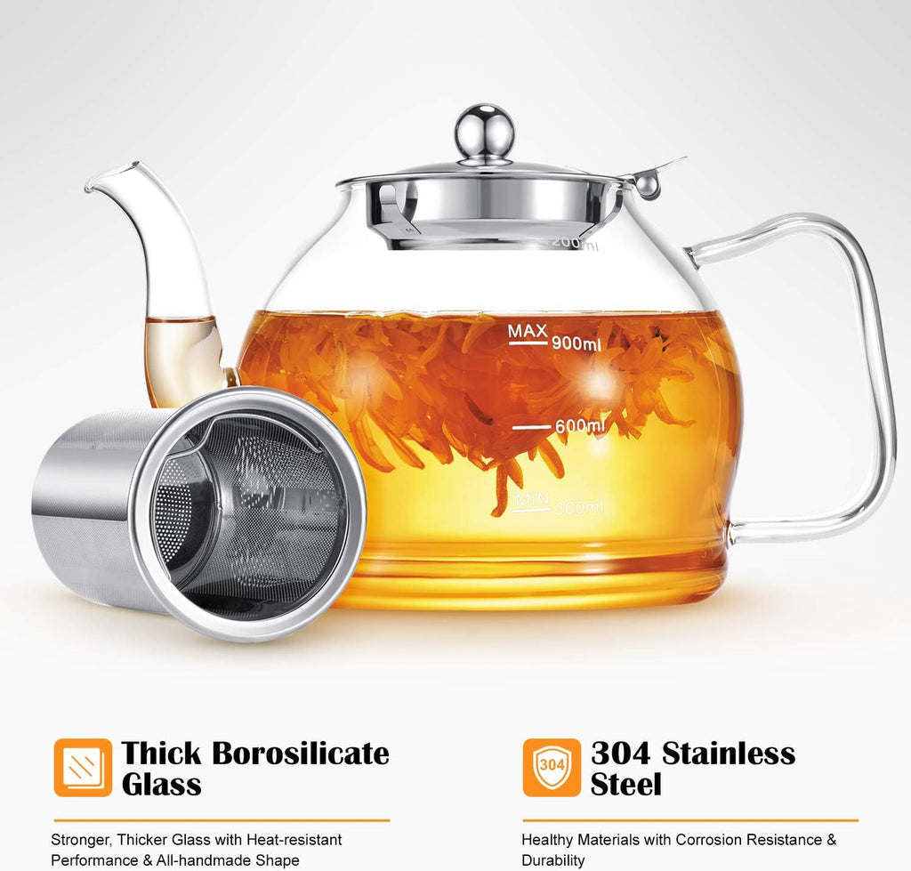 STNTUS Glass Teapot, 40 oz. / 1200 ml for Loose Tea, With Infuser and Stainless Steel Strainer, Stovetop Safe, 4-6 Cups