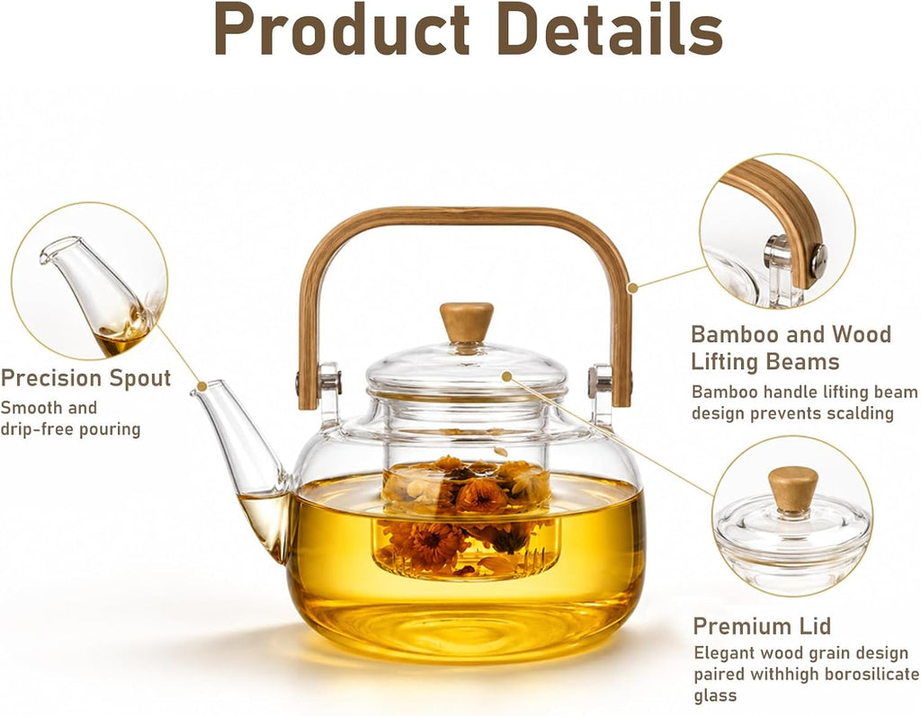 1500ml (50.72oz) Borosilicate Glass Teapot with Wooden Handle, Stovetop Safe Large Tea Kettle with Removable Glass Infuser for Blooming Tea & Loose Leaf Tea