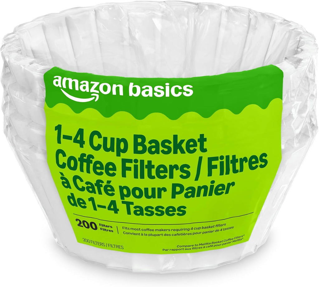 Amazon Basics Basket Coffee Filters for 8-12 Cup Coffee Makers, White, 200 Count, Packaging May Vary