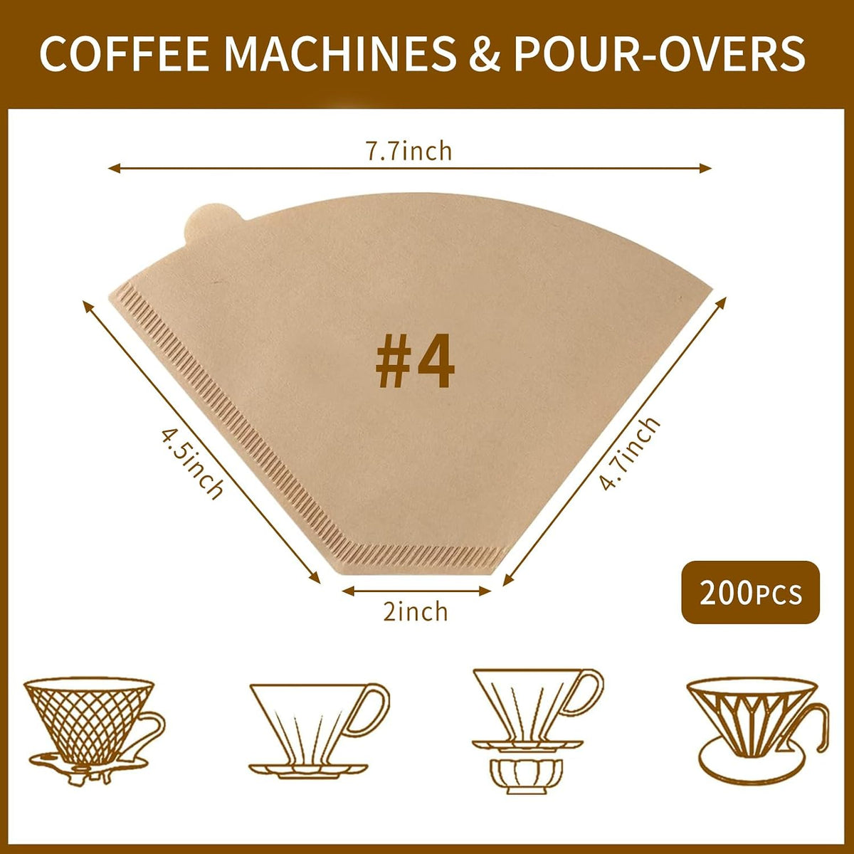 200 Count Coffee Filters #4, Cone Coffee Filter 8-12 Cup, Natural