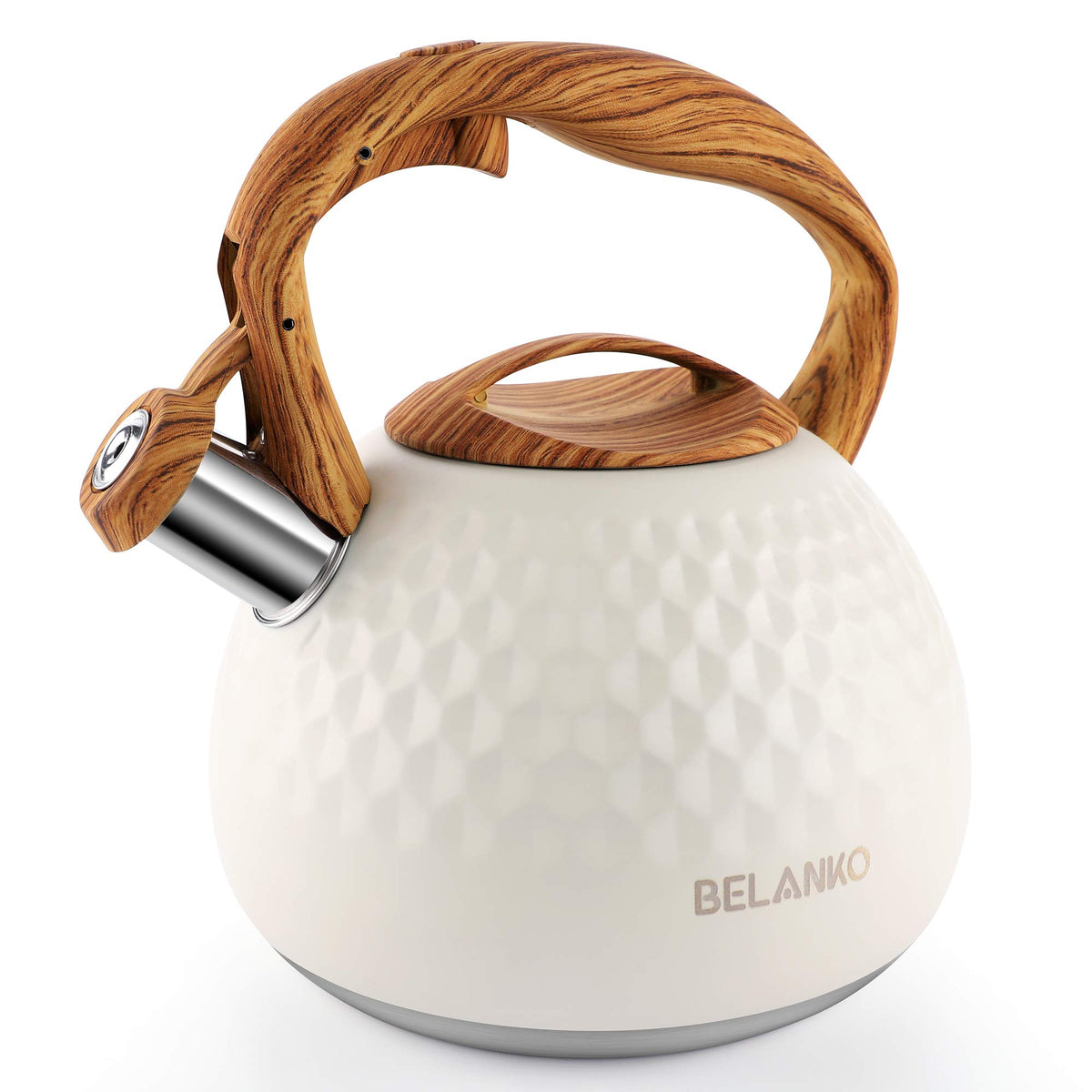 BELANKO 2.7 Quart Tea Kettle for Stovetop - Food Grade Stainless Steel with Diamond Texture, Designer Teapot Look, Cool-Touch Wood Pattern Handle, Whistling Spout - Milk White