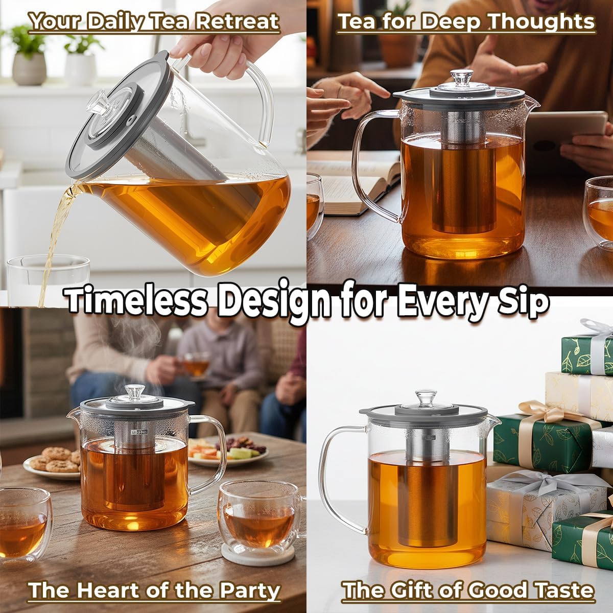 Aquach 85oz Glass Tea Pot with Infuser, Stovetop Safe Borosilicate Teapot
