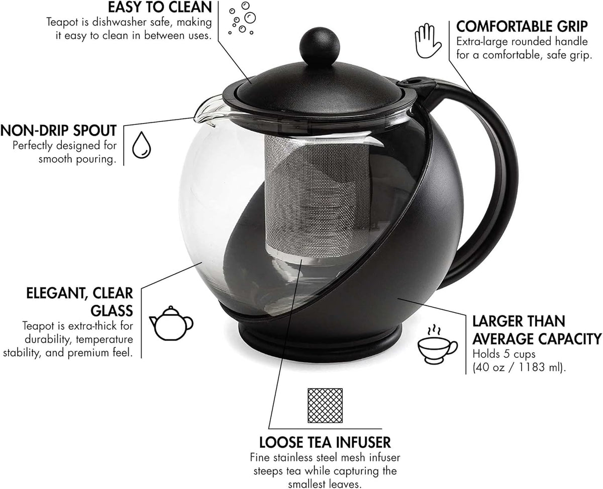Primula Half Moon Teapot with Removable Infuser, Glass Tea Maker with Reusable Fine Mesh Stainless Steel Filter, Dishwasher Safe, 40-Ounce, Black