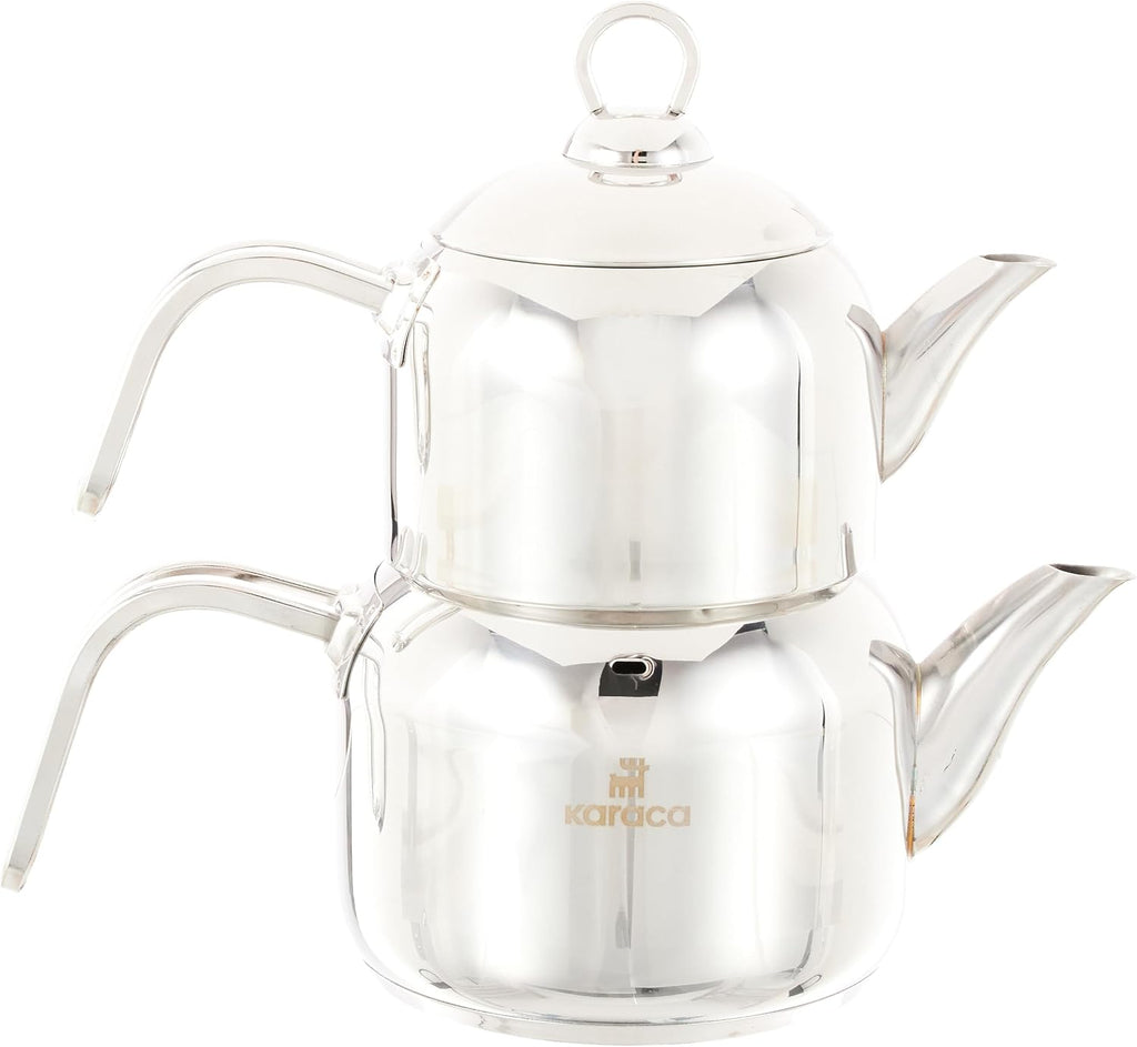 Karaca Manes Mini Turkish Teapot Set - Stainless Steel Teapot with Lid - (Turkish Tea Pot 0,85 Liters & Water Tank 1,25 Liters) - Non-Burning Bakelite Handles Midi Tea Maker & Induction Kettle