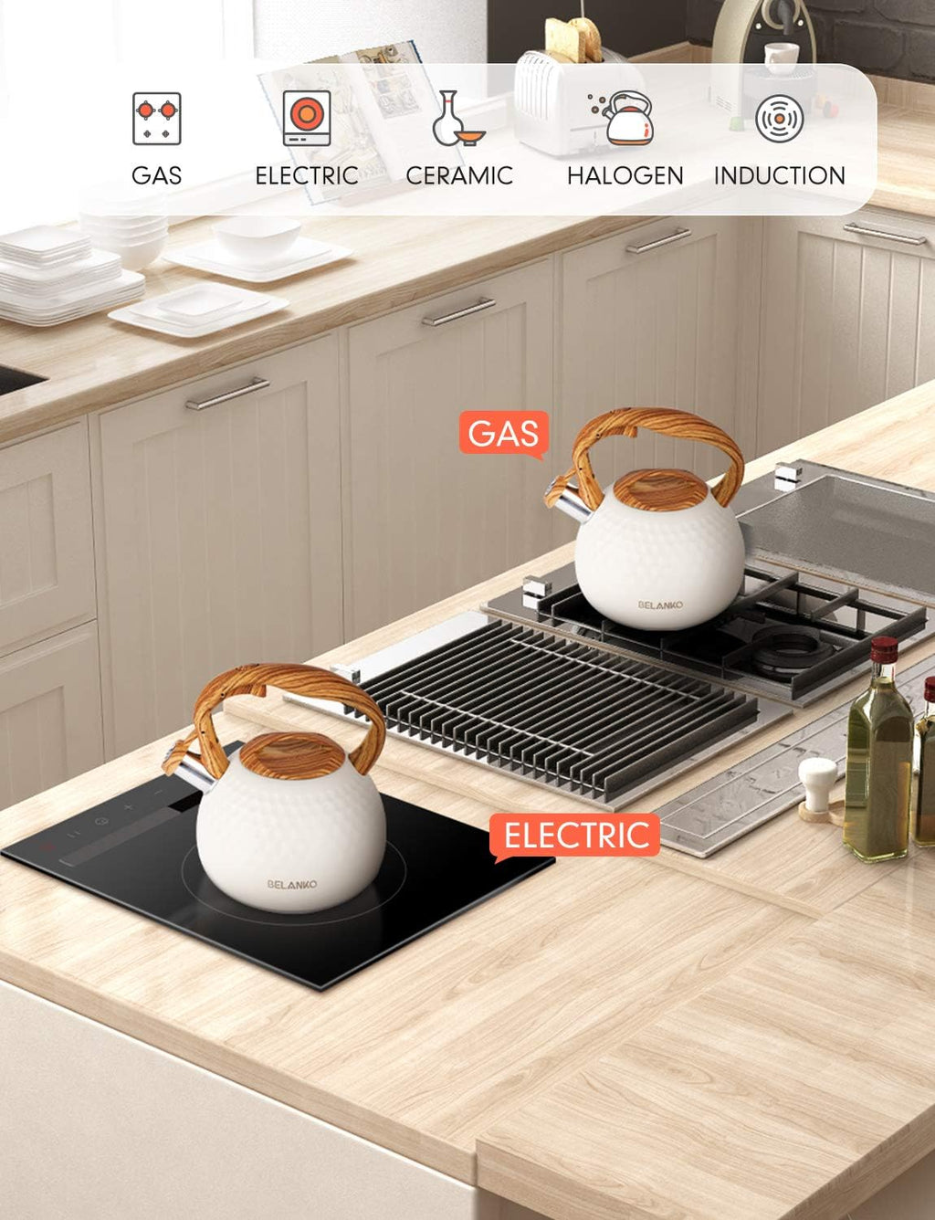BELANKO 2.7 Quart Tea Kettle for Stovetop - Food Grade Stainless Steel with Diamond Texture, Designer Teapot Look, Cool-Touch Wood Pattern Handle, Whistling Spout - Milk White