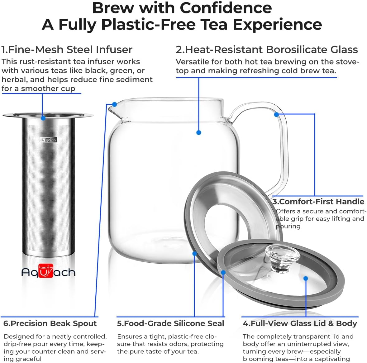 Aquach 68oz Glass Teapot Stovetop Safe with Loose Leaf Tea Steeper