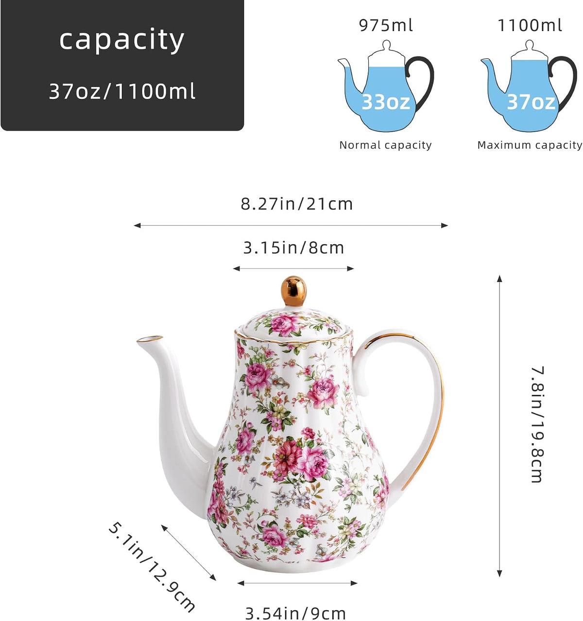 Agyiuns Tea Pot, Porcelain Teapot 37oz,tea pots for tea party,Tea Infuser Pots for Blooming loose Leaf Tea (White with flower)