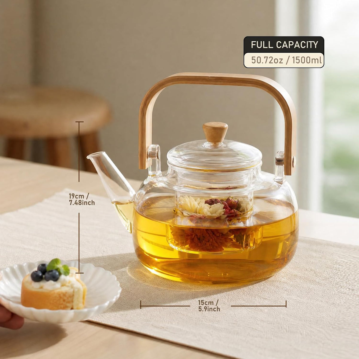 1500ml (50.72oz) Borosilicate Glass Teapot with Wooden Handle, Stovetop Safe Large Tea Kettle with Removable Glass Infuser for Blooming Tea & Loose Leaf Tea