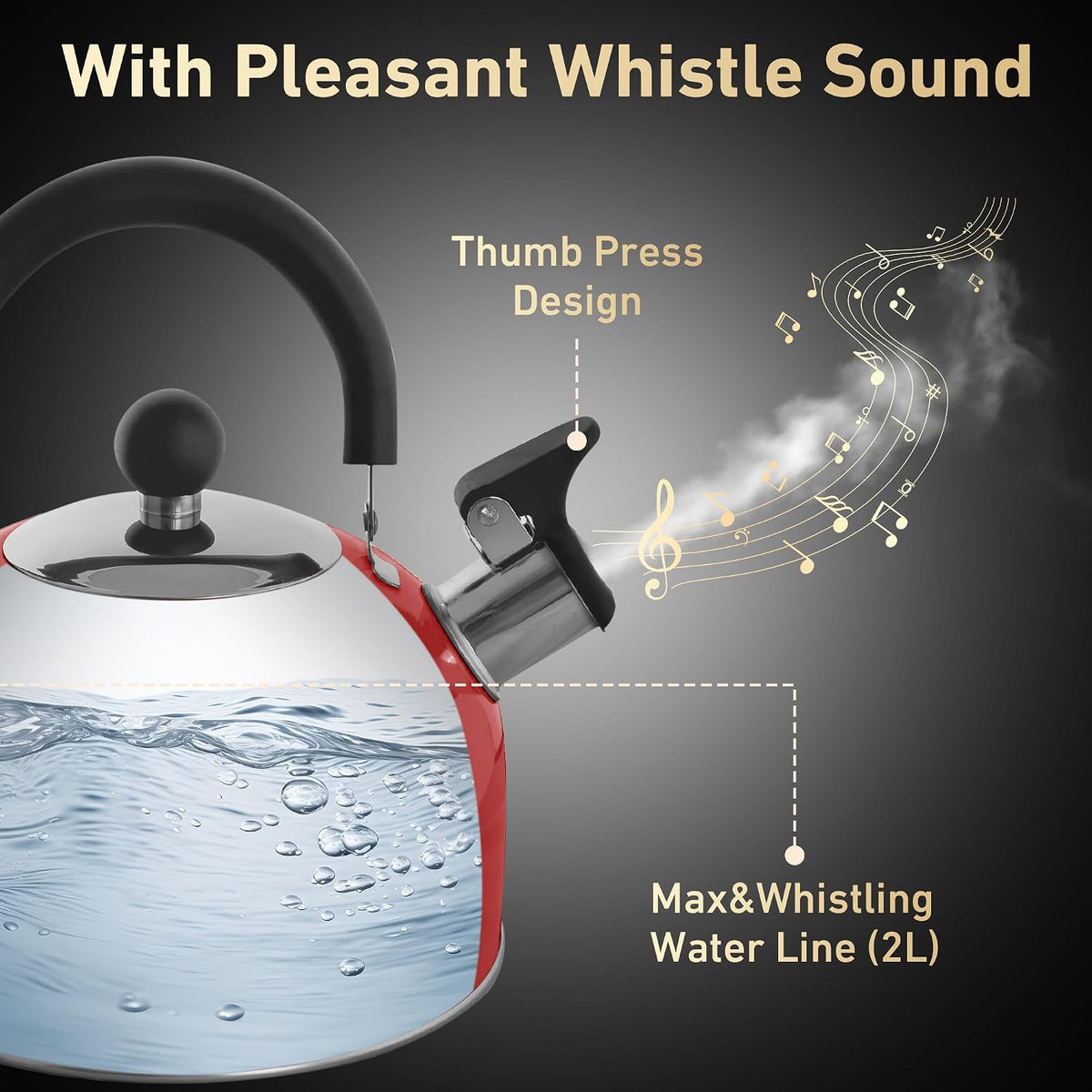 Lily's Home 2 Quart Stainless Steel Whistling Tea Kettle, the Perfect Stovetop Tea and Water Boilers for Your Home, Dorm, Condo or Apartment. Red