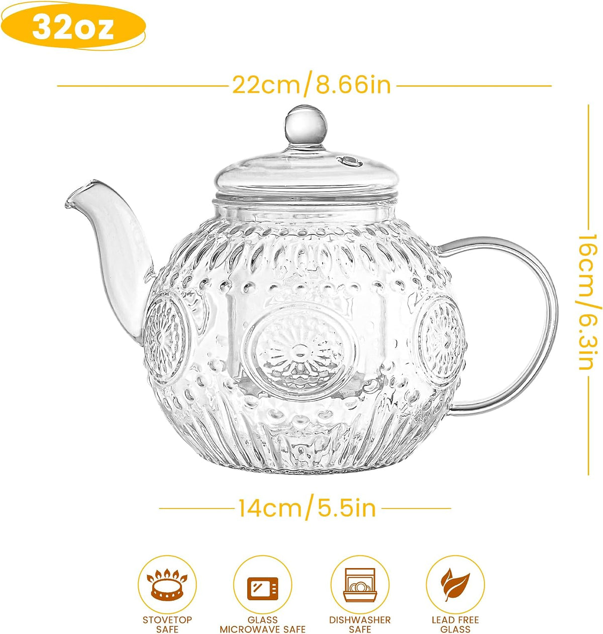 Bandesun Small Capacity Vintage Glass Teapot, Tea Kettle with Removable Infuser 32OZ/1000ml, Borosilicate Glass Pot -Stovetop Safe, Blooming & Loose Leaf Tea Maker Set
