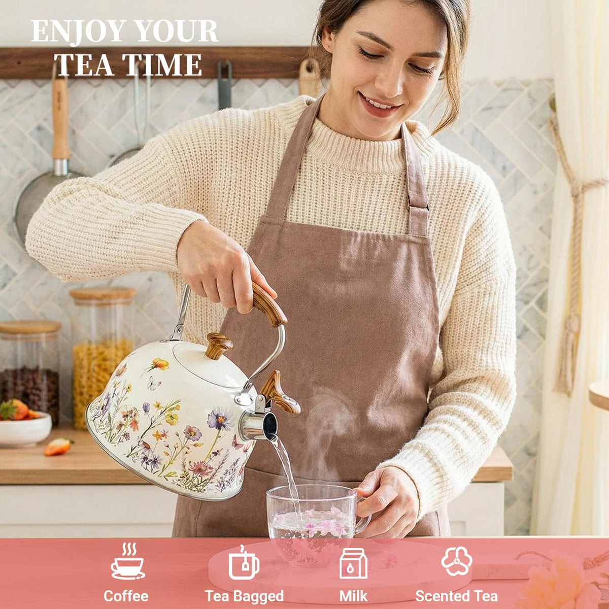 Tea Kettle for Stove Top, 2.7QT Whistling Kettle with Floral Pattern