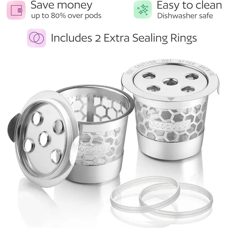 Set of 2 Stainless Steel Reusable Coffee Pods for Keurig Models with MultiStream Tech - Coffee Refill, Cost-Saving, Dishwasher Safe Perforated Mesh Filters (Non-Disposable)