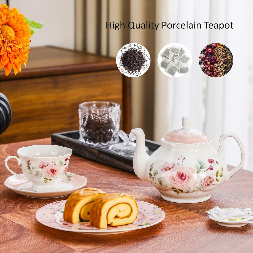 27oz Porcelain Rose Floral Teapot, Classic Tea Gift