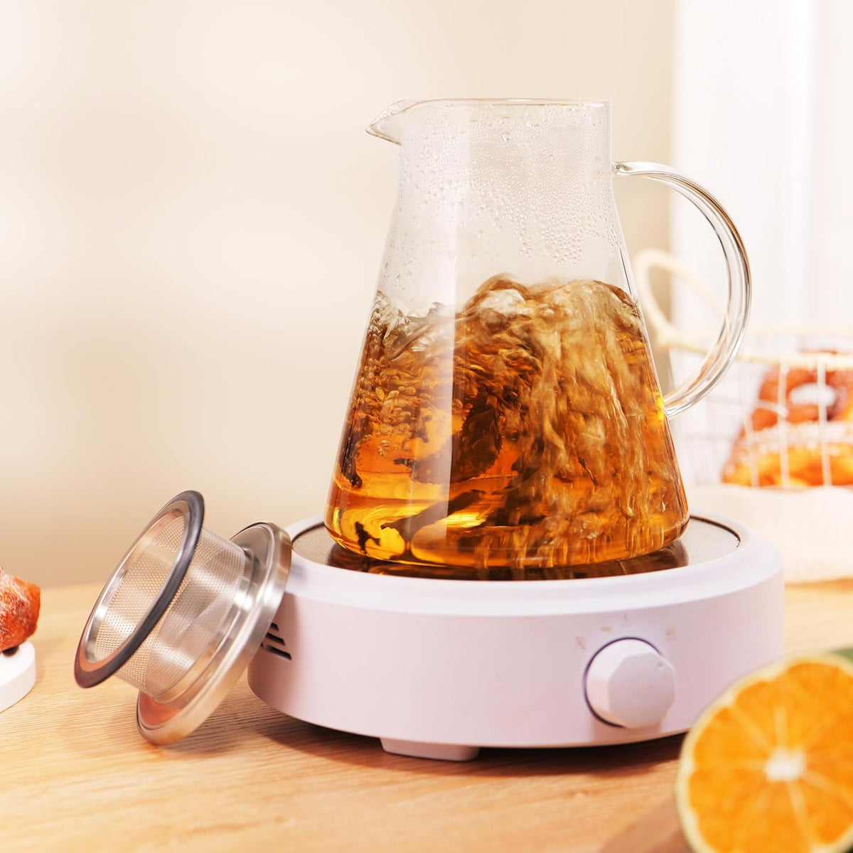 CNGLASS 30.5oz/900ml Glass Teapot Stovetop Safe,One-Touch Clear Tea Kettle,Blooming and Loose Leaf Tea Maker