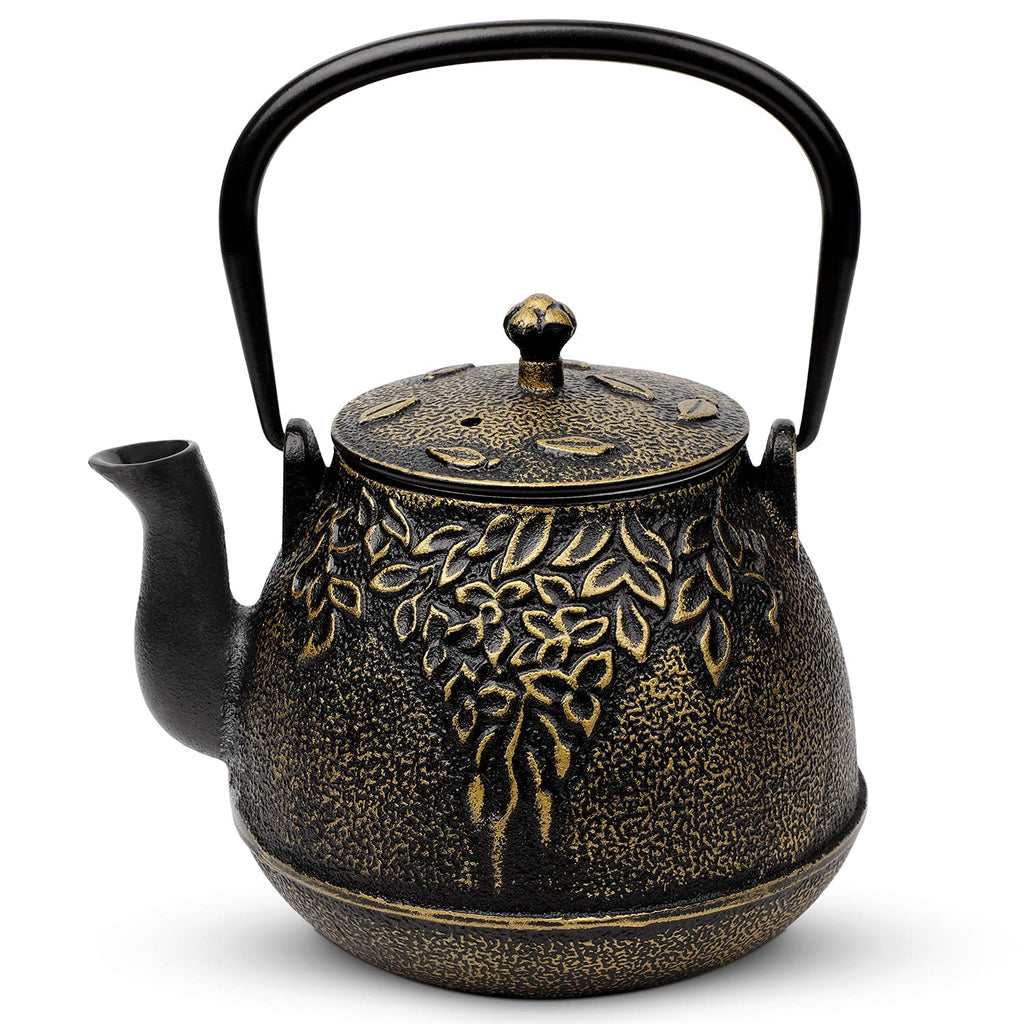 TOPTIER Japanese Teapot with Stainless Steel Infuser, Cast Iron Tea Kettle Stovetop Safe, Leaf Design Coated with Enameled Interior for 32 Ounce (950 ml), Light Green