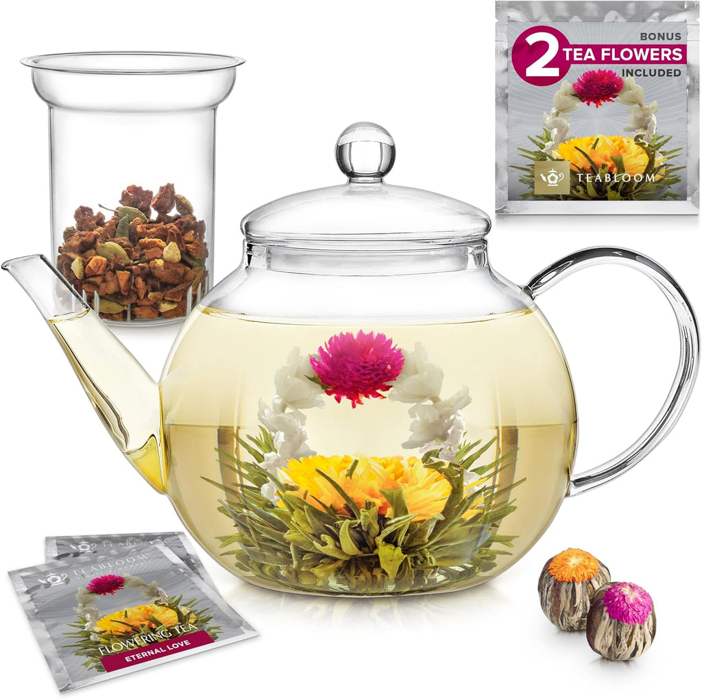 Teabloom Celebration Glass Teapot & Kettle, 27 oz, Infuser, 2 Blooming Teas