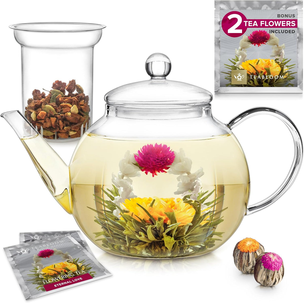 Teabloom Celebration Glass Teapot & Kettle, 27 oz, Infuser, 2 Blooming Teas
