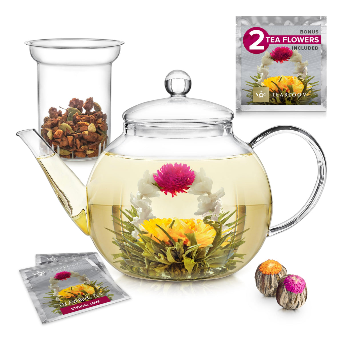 Teabloom Celebration Glass Teapot & Kettle, 27 oz, Infuser, 2 Blooming Teas