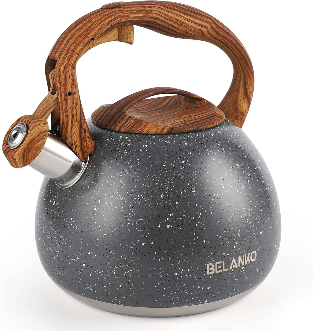BELANKO 2.7 Quart Tea Kettle for Stovetops - Food Grade Stainless Steel Teapot with Loud Whistle, Cool-Touch Wood Pattern Handle, Rust-Resistant Whistling Kettle - Starry Gray