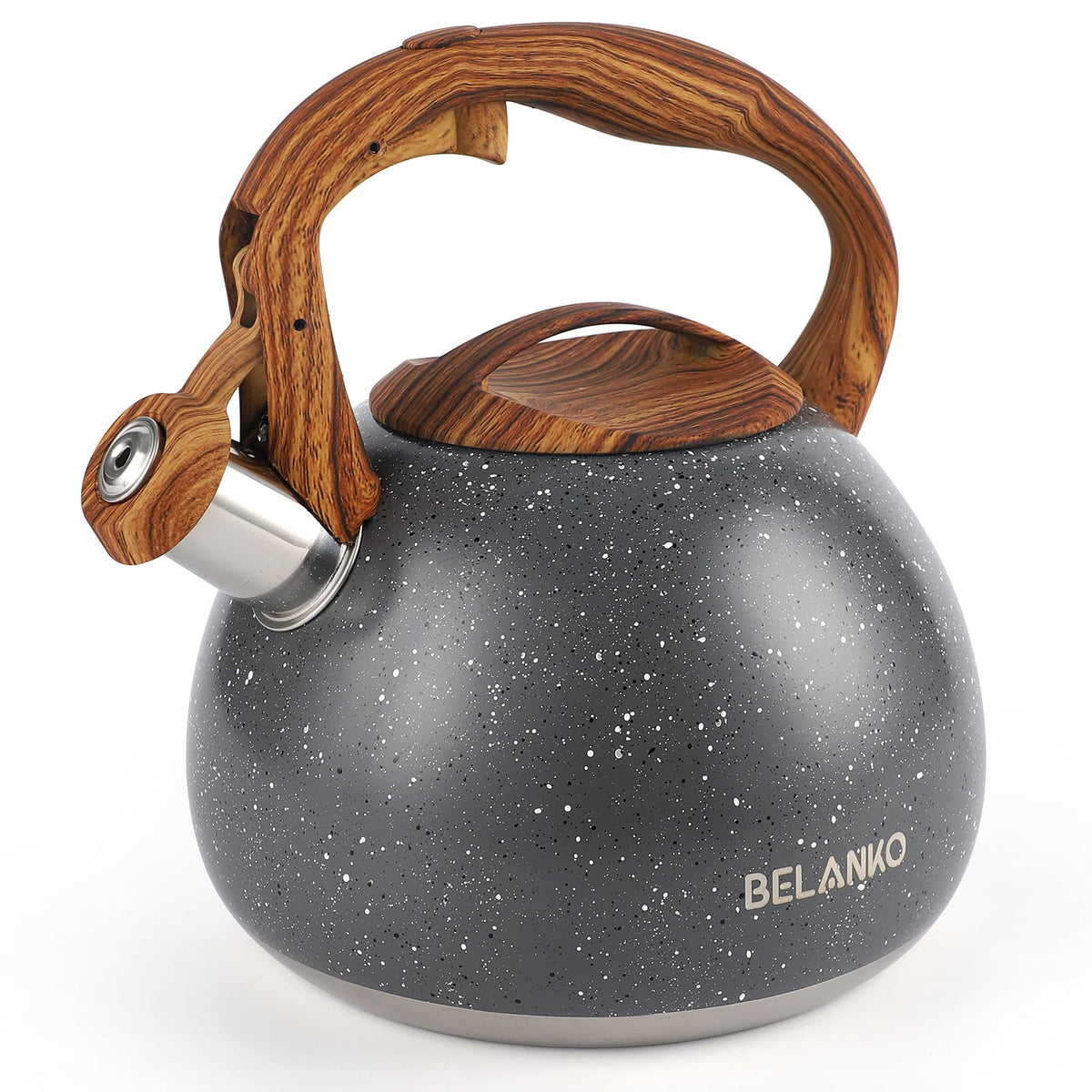 BELANKO 2.7 Quart Tea Kettle for Stovetops - Food Grade Stainless Steel Teapot with Loud Whistle, Cool-Touch Wood Pattern Handle, Rust-Resistant Whistling Kettle - Starry Gray