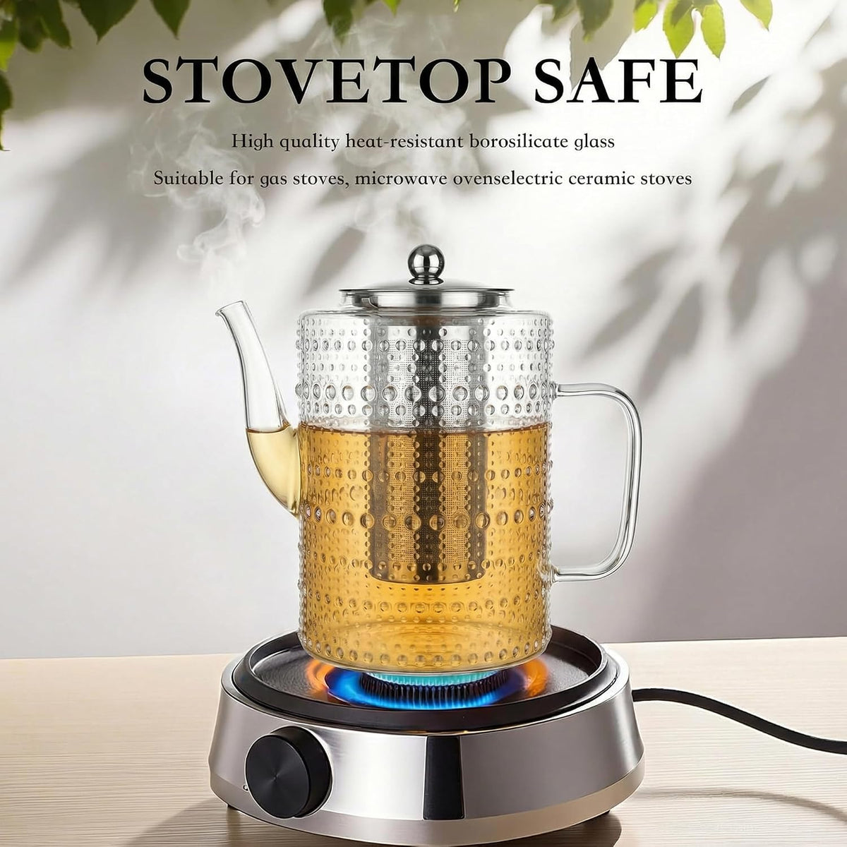 1500ml/50OZ Glass Teapot with Removable Infuser, Stovetop Safe, Large Tea Kettle, Borosilicate Glass Blooming and Loose Leaf Tea Maker Set