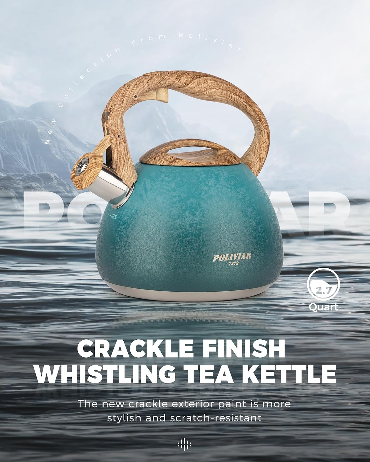 POLIVIAR Tea Kettle, 2.7 Quart Stovetop Tea Kettle, Audible Whistling Teapot with Crackle Finish, Food Grade Stainless Steel for Anti-Rust, Anti Hot Handle, Suitable for All Heat Sources (JX2023-LYD)