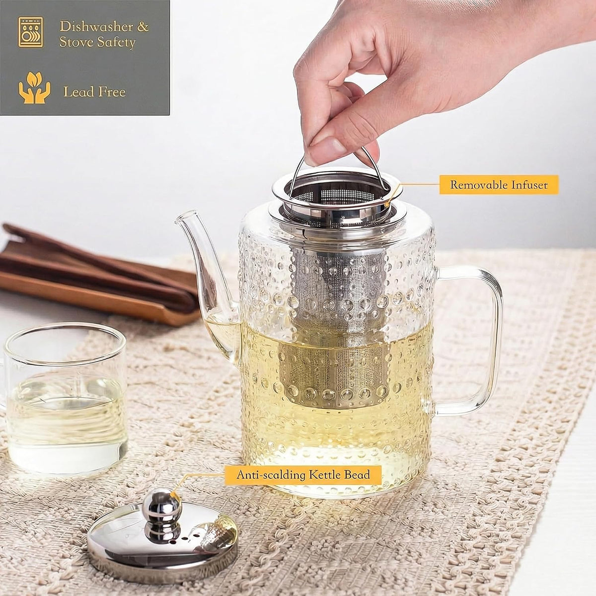 1500ml/50OZ Glass Teapot with Removable Infuser, Stovetop Safe, Large Tea Kettle, Borosilicate Glass Blooming and Loose Leaf Tea Maker Set