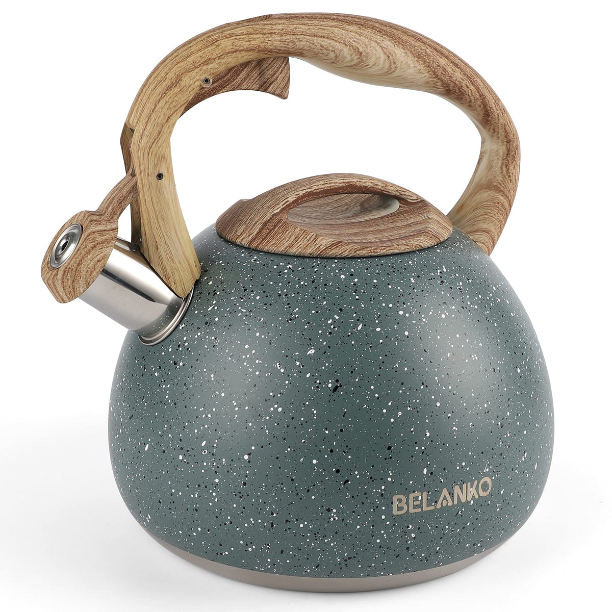 BELANKO 2.7 Quart Tea Kettle for Stovetops - Food Grade Stainless Steel Teapot with Loud Whistle, Cool-Touch Wood Pattern Handle, Rust-Resistant Whistling Kettle - Starry Gray
