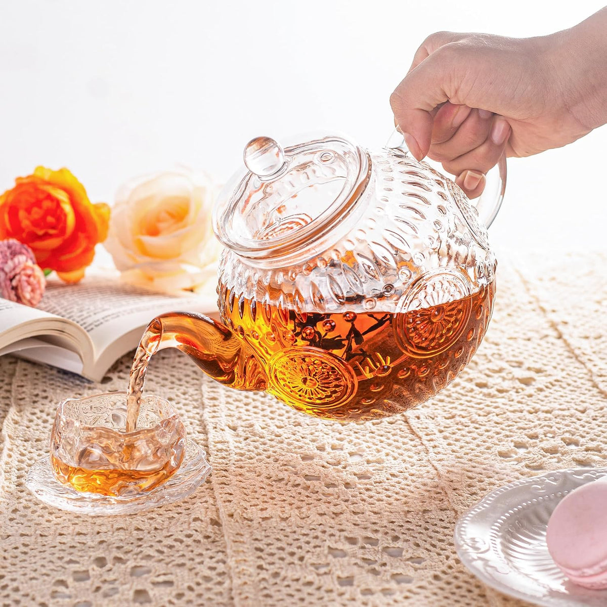 Bandesun Small Capacity Vintage Glass Teapot, Tea Kettle with Removable Infuser 32OZ/1000ml, Borosilicate Glass Pot -Stovetop Safe, Blooming & Loose Leaf Tea Maker Set