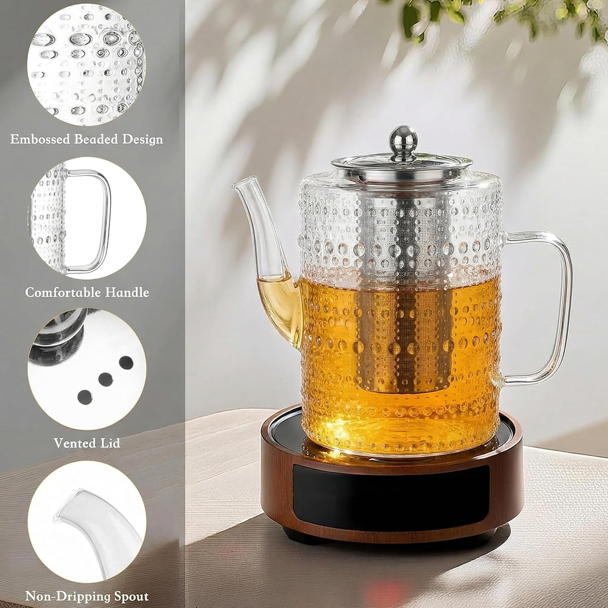 1500ml/50OZ Glass Teapot with Removable Infuser, Stovetop Safe, Large Tea Kettle, Borosilicate Glass Blooming and Loose Leaf Tea Maker Set