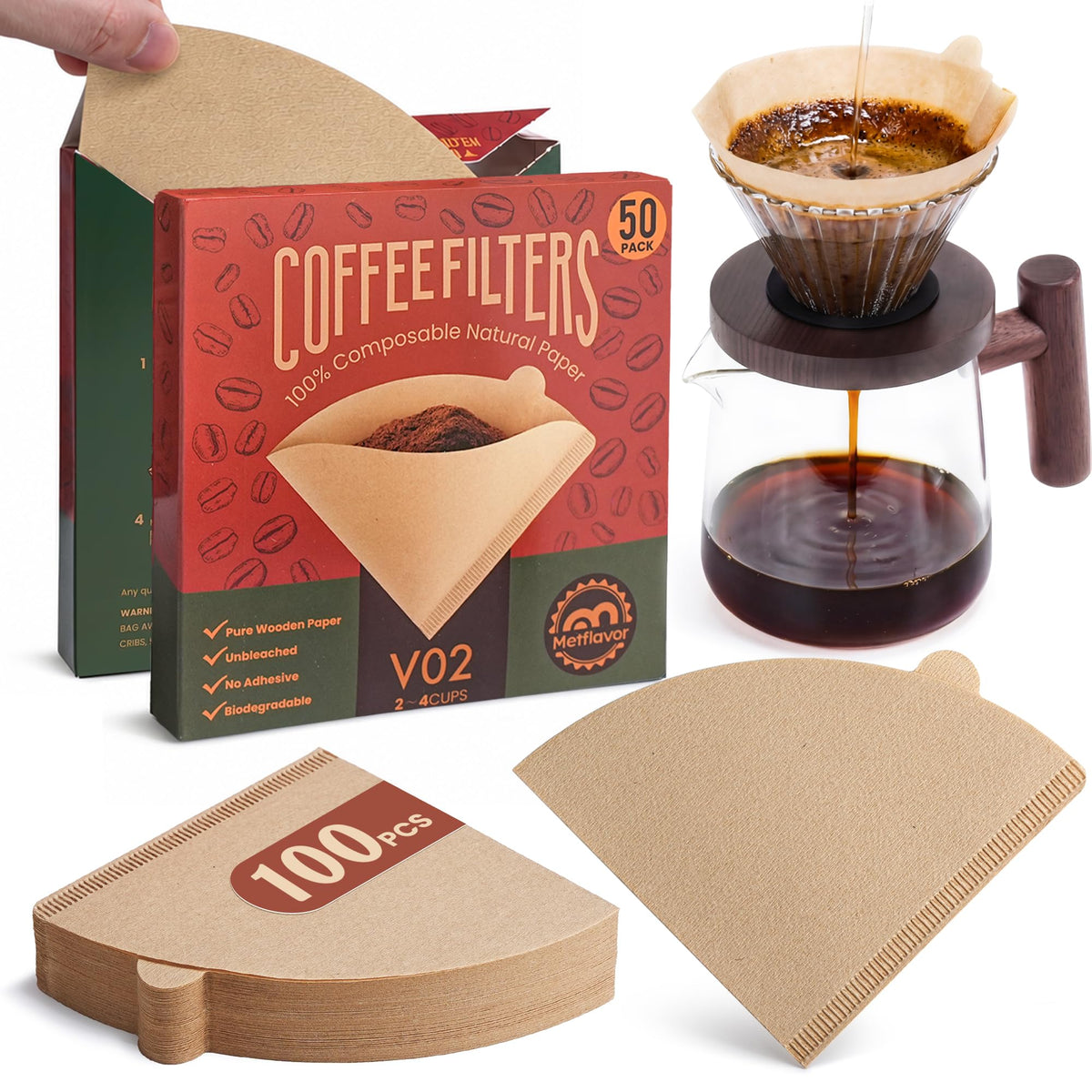 #4 Coffee Filters 100 Count, Unbleached Cone Coffee Filters 8-12 Cup