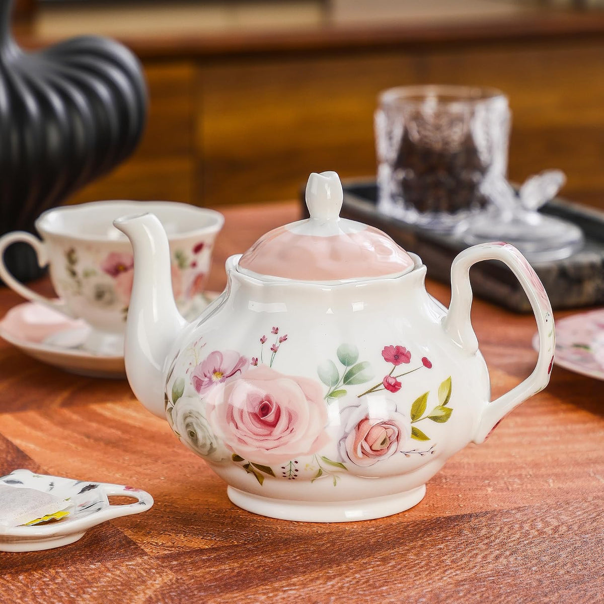27oz Porcelain Rose Floral Teapot, Classic Tea Gift