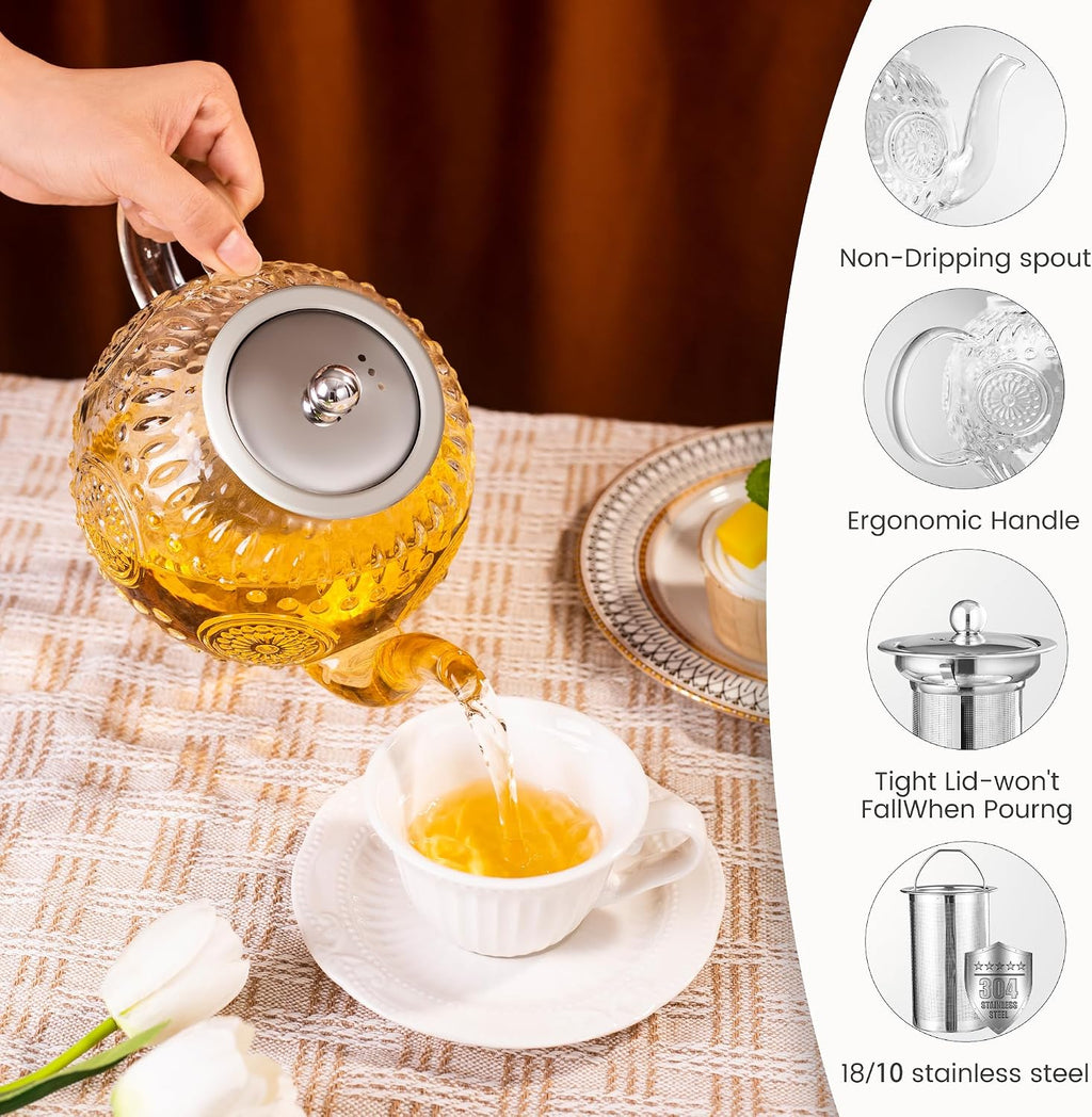 Amzcku 50OZ/1500ml Vintage Glass Teapot with Removable Infuser – Stovetop Safe, Borosilicate Glass Tea Kettle for Blooming & Loose Leaf Tea
