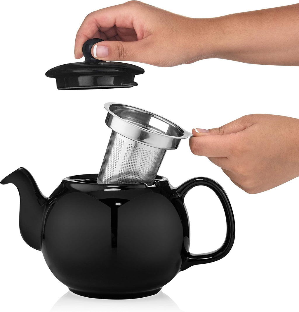 SAKI Large Porcelain Teapot, 48 Ounce Tea Pot with Infuser, Loose Leaf and Blooming Tea Pot - Black
