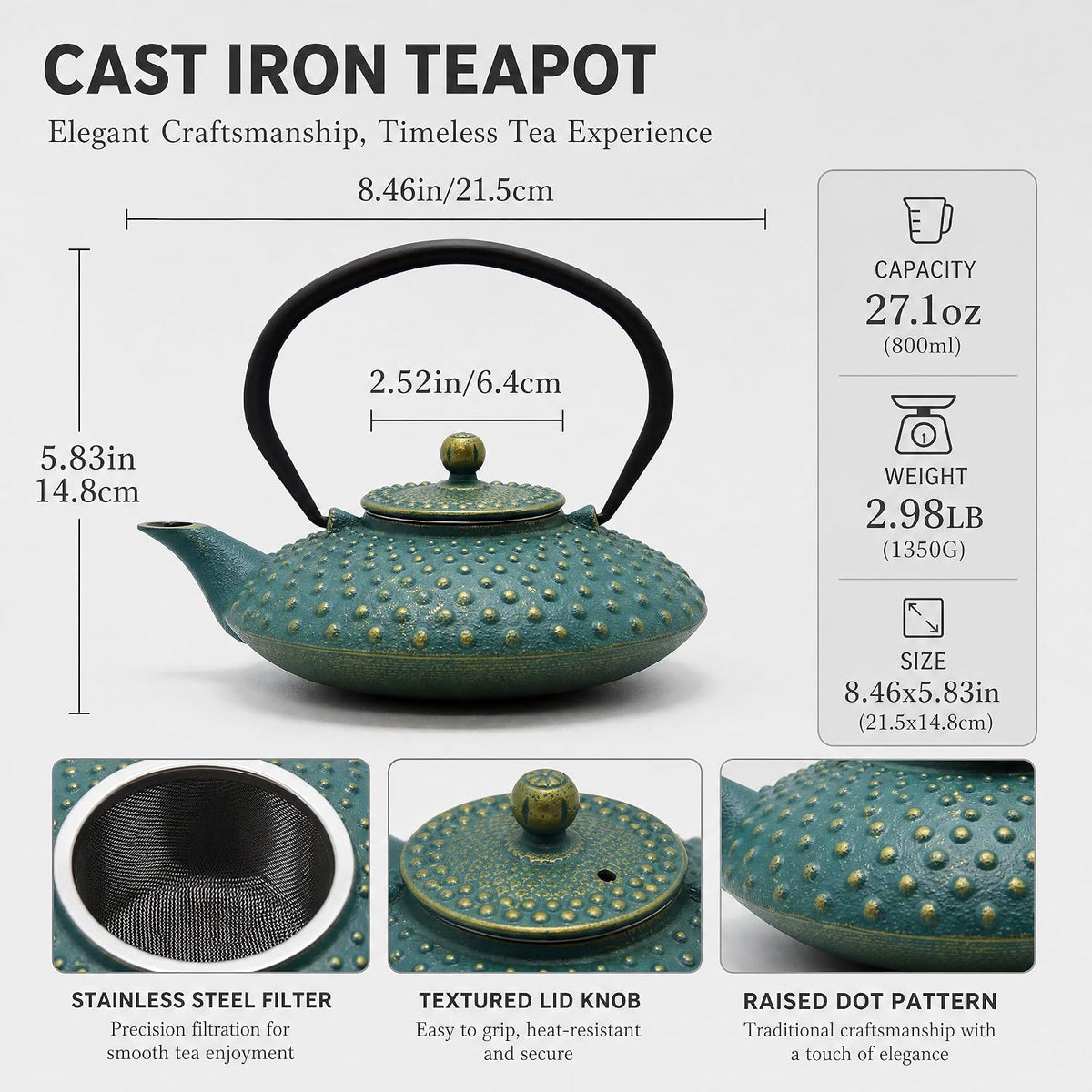 27.1oz Small Cast Iron Teapot with Infuser for Loose Tea