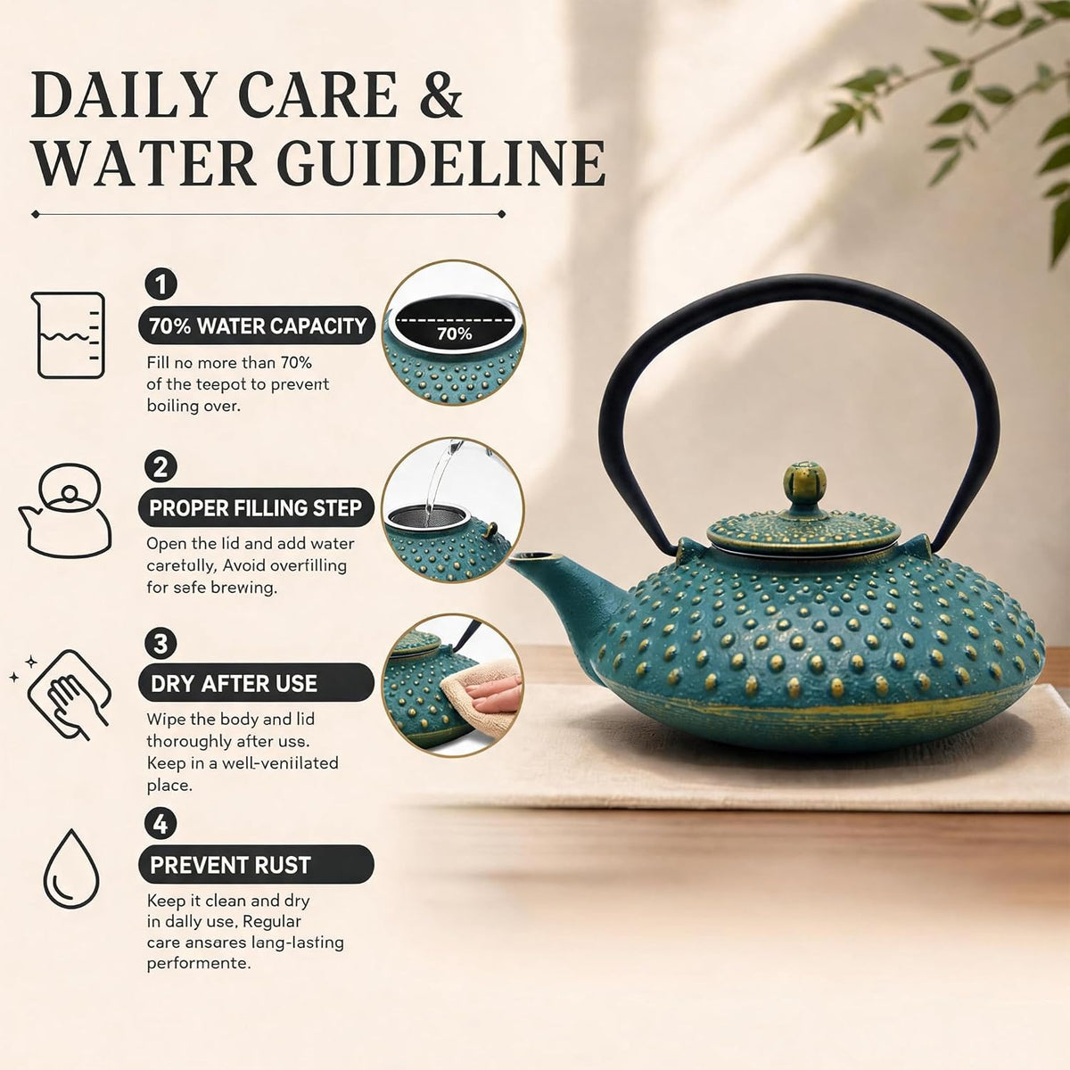 27.1oz Small Cast Iron Teapot with Infuser for Loose Tea