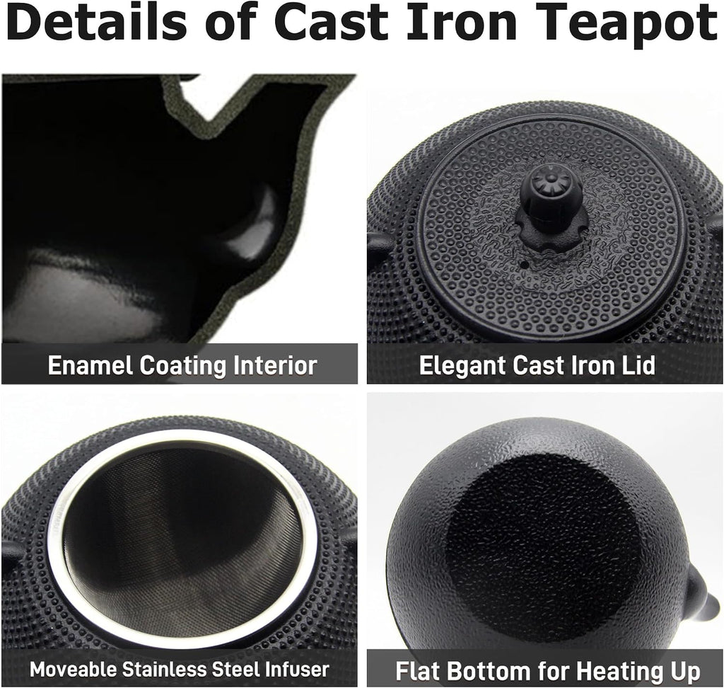 YJX Black Cast Iron Teapot, Tea Kettle for Stove Top, 40.6oz Tea Pot