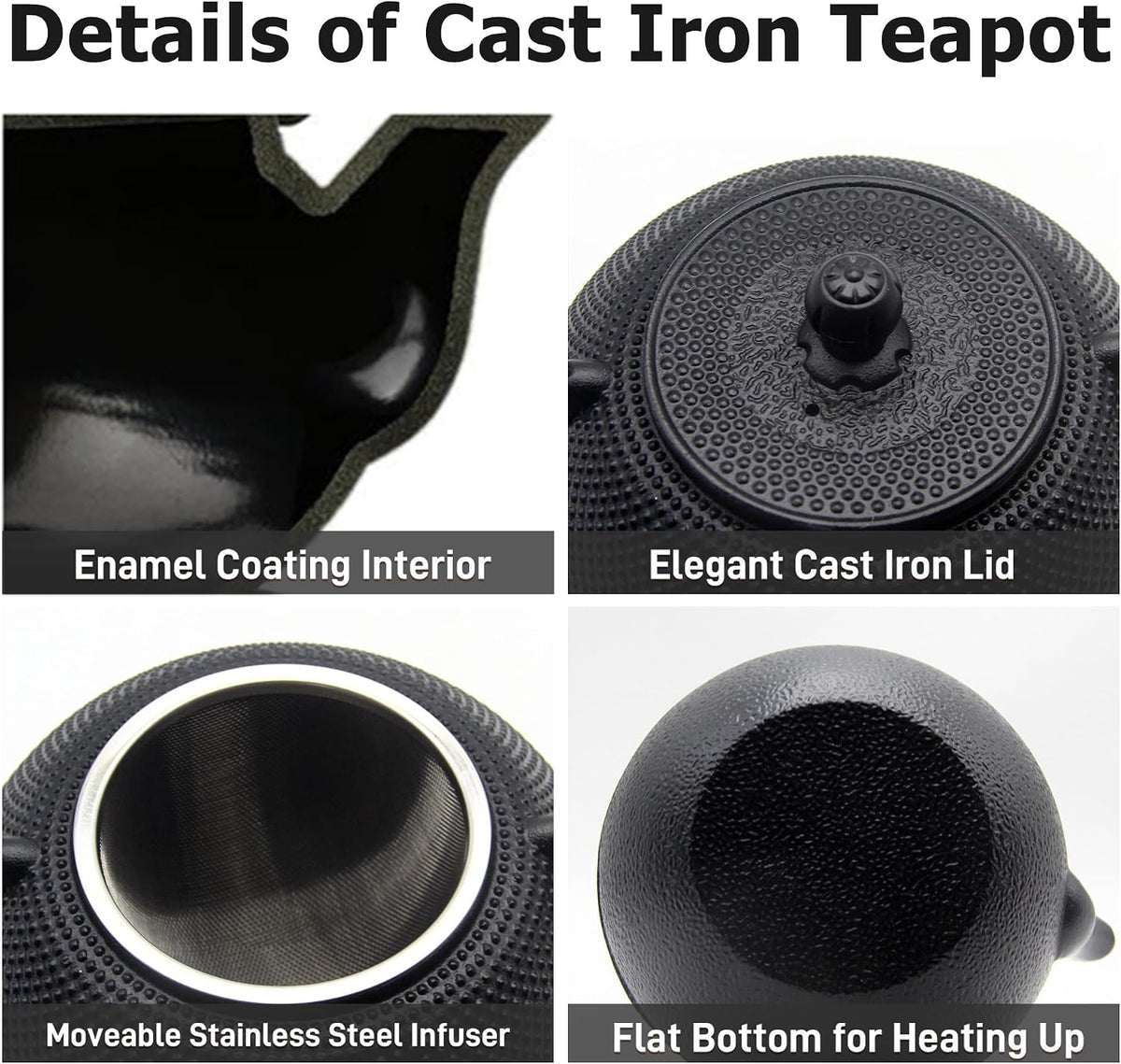 YJX Black Cast Iron Teapot, Tea Kettle for Stove Top, 40.6oz Tea Pot
