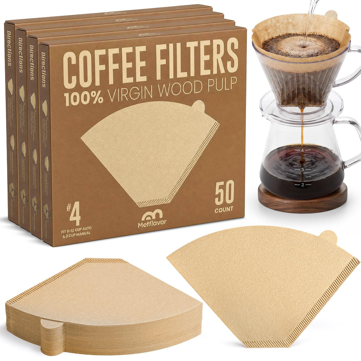 200 Count #4 Cone Coffee Filters, Unbleached Natural Paper Coffee Filters for 8–12 Cup Coffee Makers, Disposable #4 Cone Filters Compatible with Ninja Cuisinart, Drip Coffee Maker & Pour Over Brewers