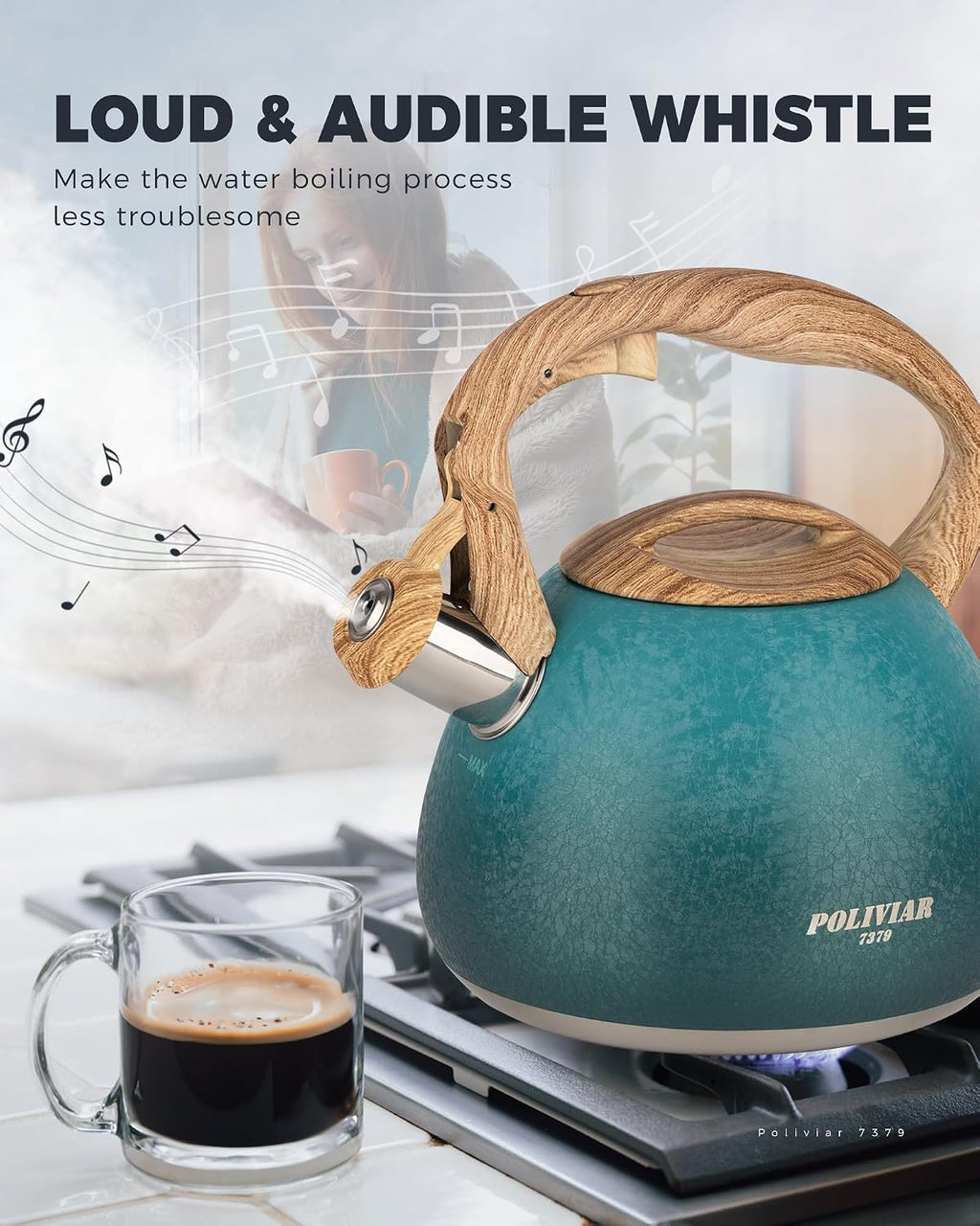 POLIVIAR Tea Kettle, 2.7 Quart Stovetop Tea Kettle, Audible Whistling Teapot with Crackle Finish, Food Grade Stainless Steel for Anti-Rust, Anti Hot Handle, Suitable for All Heat Sources (JX2023-LYD)