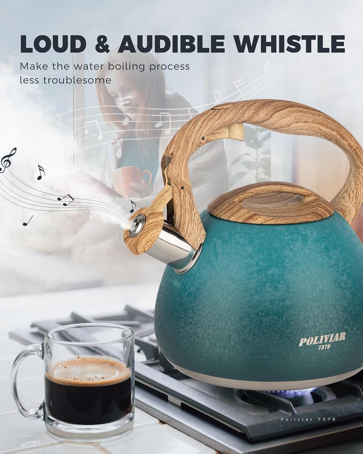 POLIVIAR Tea Kettle, 2.7 Quart Stovetop Tea Kettle, Audible Whistling Teapot with Crackle Finish, Food Grade Stainless Steel for Anti-Rust, Anti Hot Handle, Suitable for All Heat Sources (JX2023-LYD)