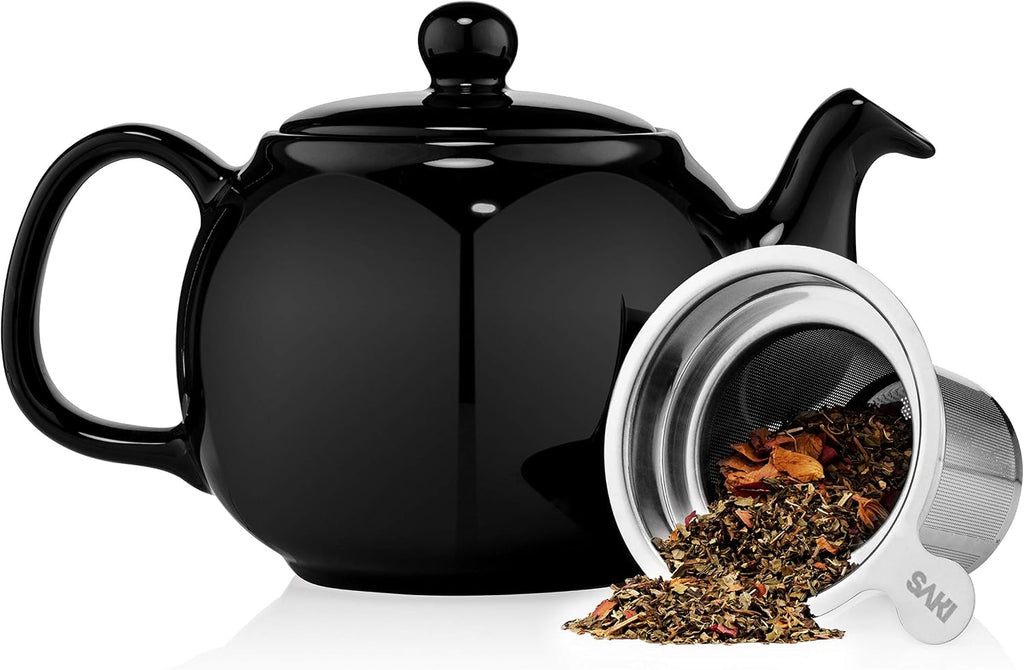 SAKI Large Porcelain Teapot, 48 Ounce Tea Pot with Infuser, Loose Leaf and Blooming Tea Pot - Black