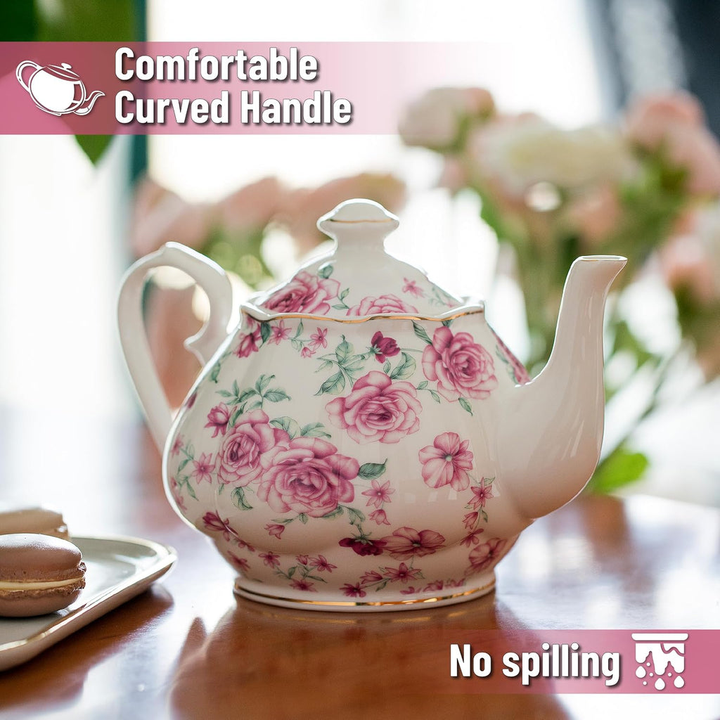 BTaT Floral Teapot, 38 oz Bone China, Perfect for Tea Set & Parties