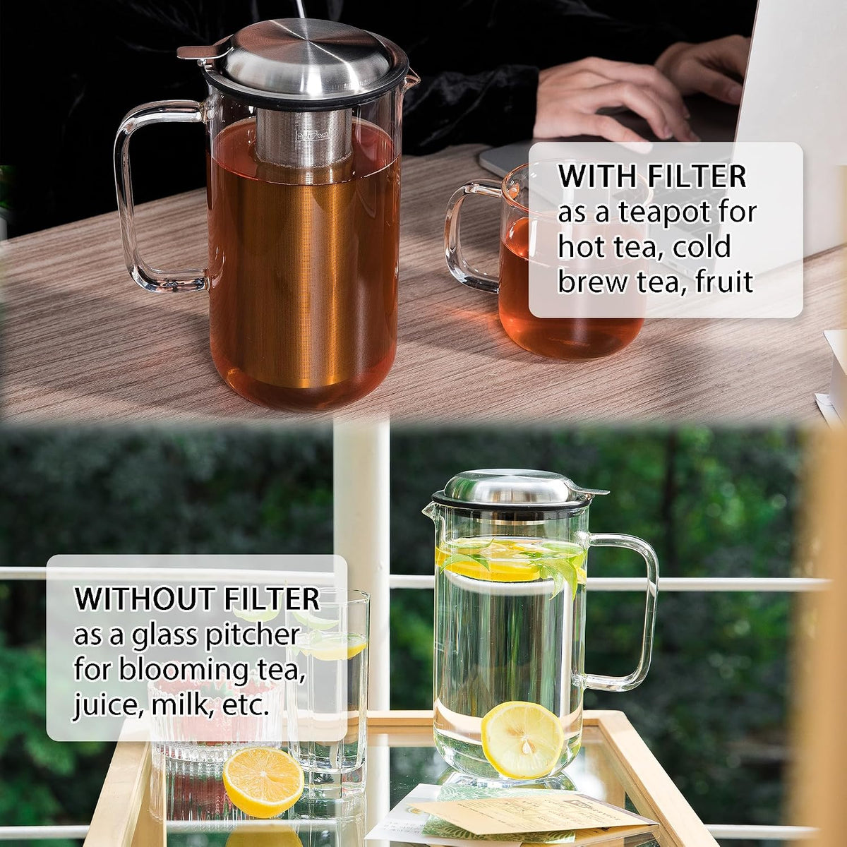 Aquach 51oz Glass Teapot with Infuser, Stovetop Safe Borosilicate Tea Pot
