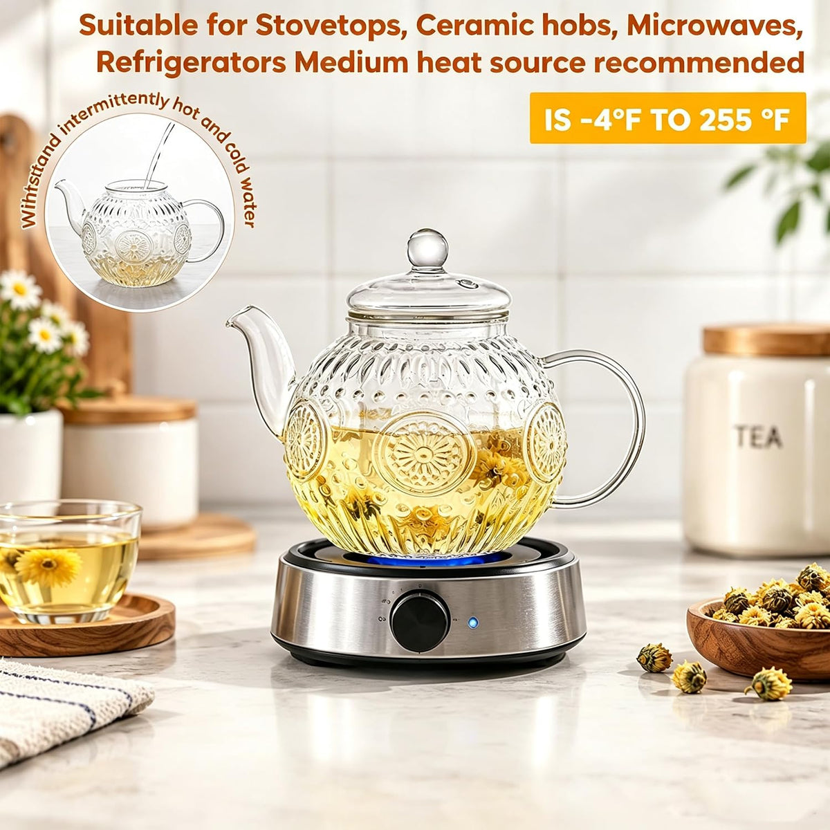 Bandesun Small Capacity Vintage Glass Teapot, Tea Kettle with Removable Infuser 32OZ/1000ml, Borosilicate Glass Pot -Stovetop Safe, Blooming & Loose Leaf Tea Maker Set