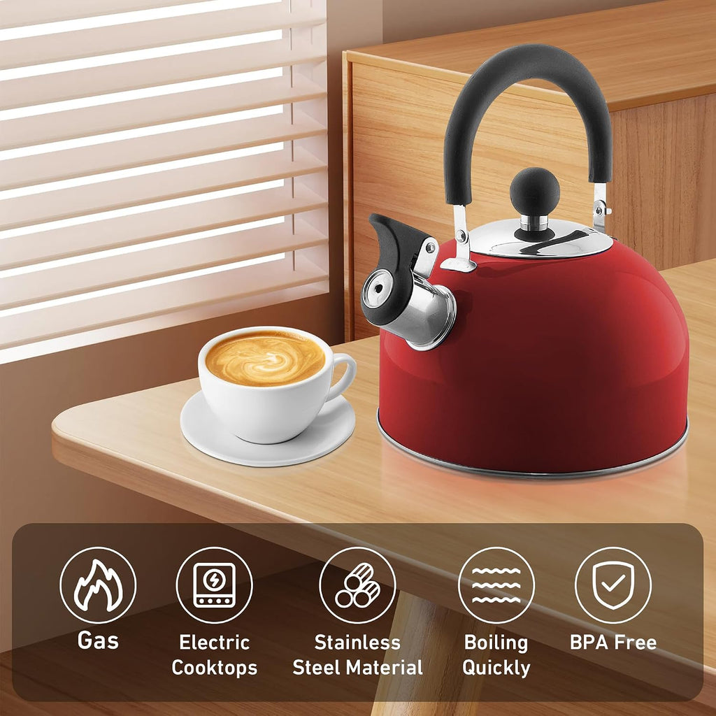 Lily's Home 2 Quart Stainless Steel Whistling Tea Kettle, the Perfect Stovetop Tea and Water Boilers for Your Home, Dorm, Condo or Apartment. Red