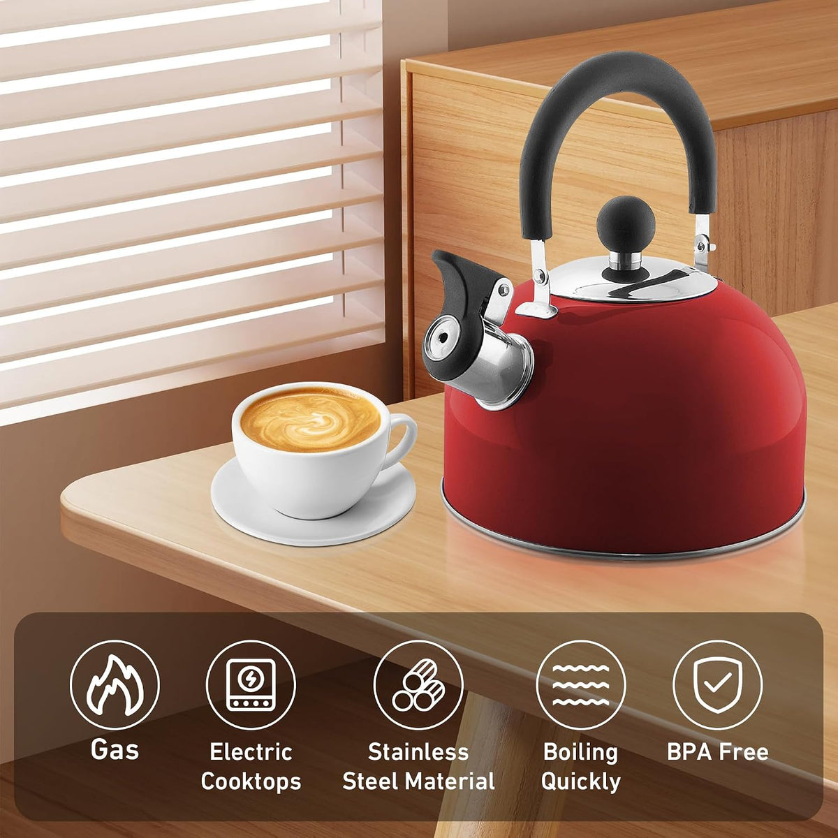 Lily's Home 2 Quart Stainless Steel Whistling Tea Kettle, the Perfect Stovetop Tea and Water Boilers for Your Home, Dorm, Condo or Apartment. Red
