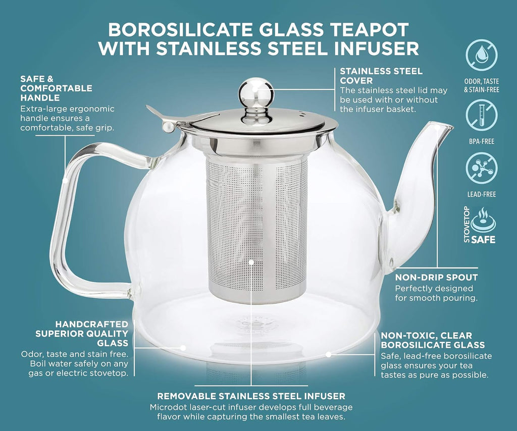 Teabloom Dublin Glass Teapot – Premium Borosilicate Glass with Removable Stainless Infuser – Stovetop Safe – Ideal for Loose Leaf Tea – Tea for Two – 27 oz. / 800 ml (2-3 Cups)